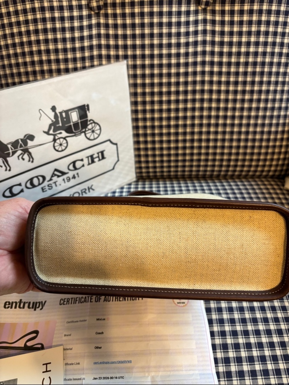 Coach Beige Canvas Top-Handle mini Bag with Brown leather  Trim - Picture 7 of 11